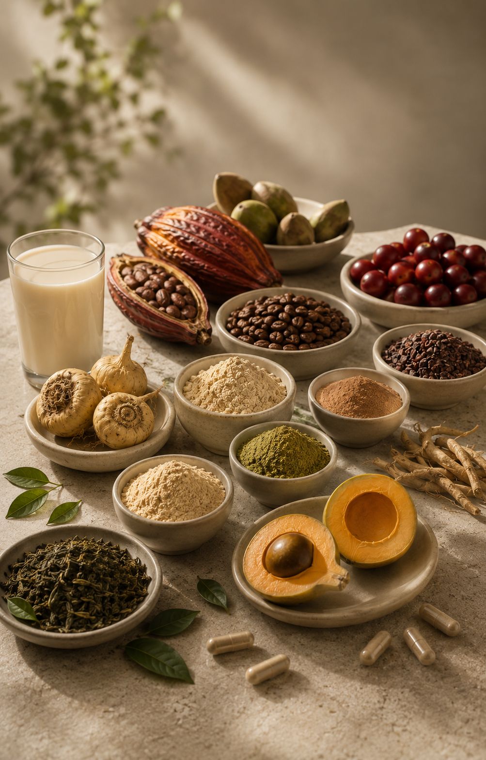 Materias primas nutracéuticas: cacao, superfoods andinos, extractos en polvo y cápsulas en tazones