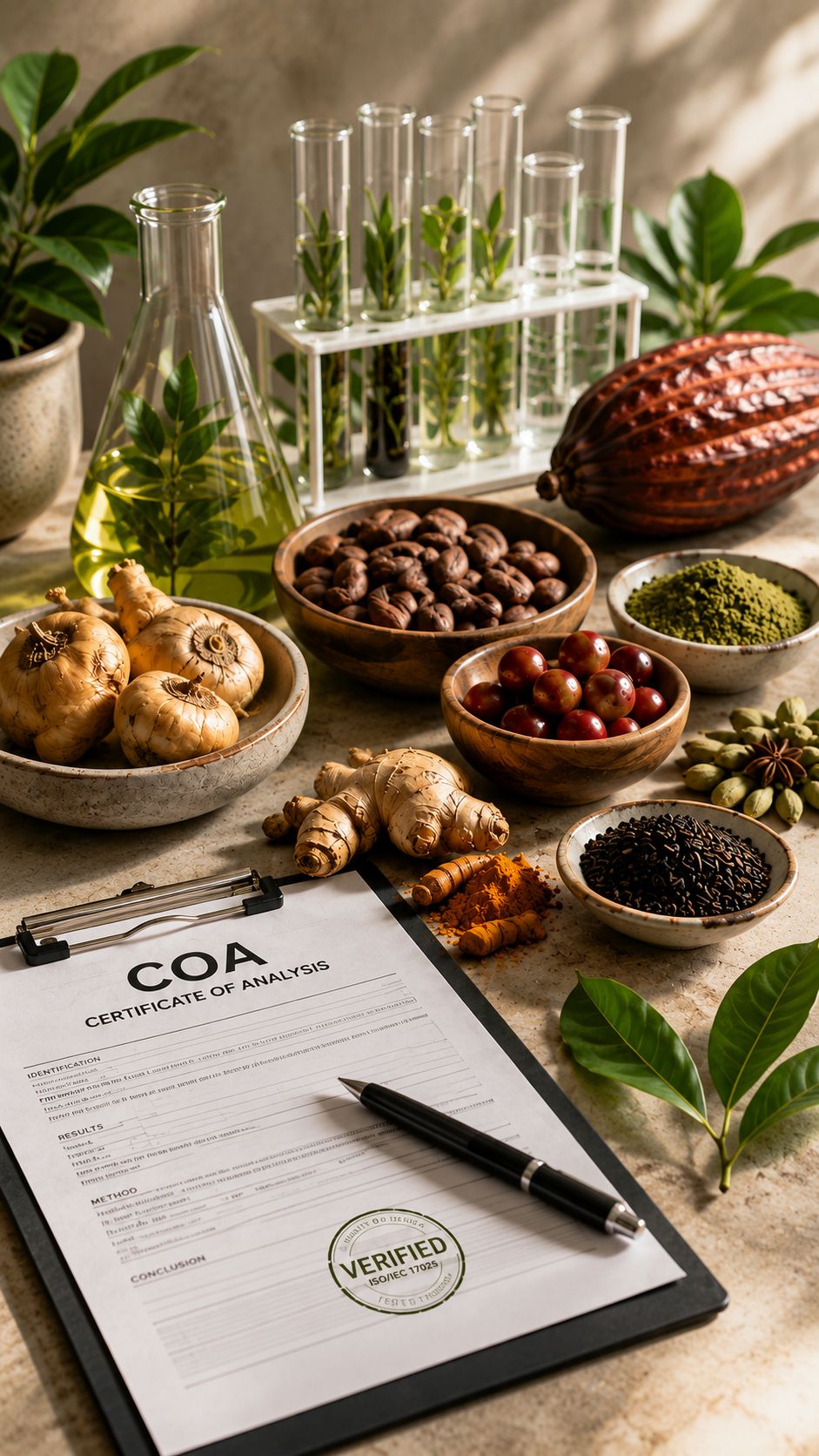 Tubos de ensayo con muestras botánicas junto a un Certificado de Análisis y materias primas