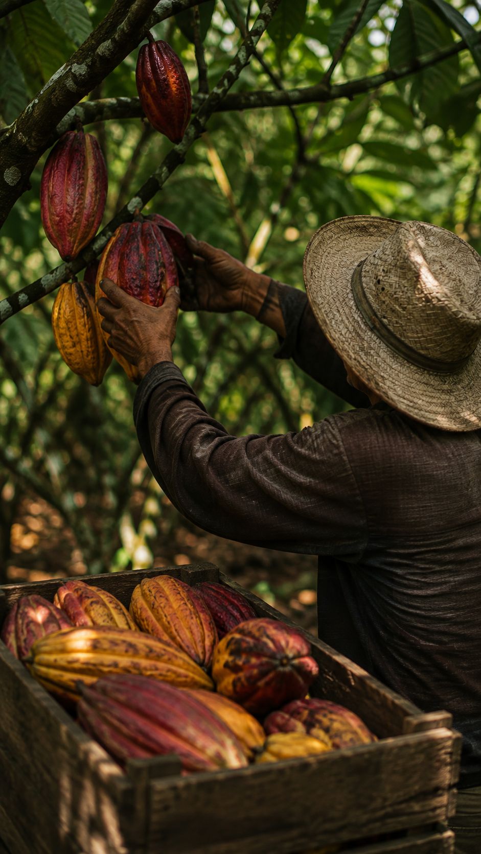 Agricultor cosechando mazorcas de cacao junto a un cajón de cacao recién recolectado